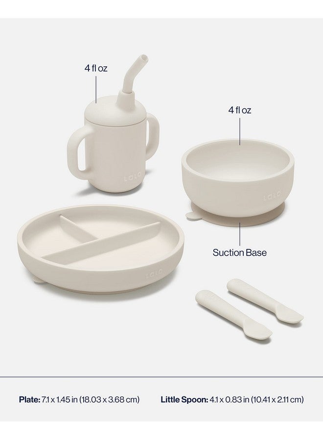 Lalo First Bites Silicone Baby Feeding Set - Baby Led Weaning Supplies - Non-Toxic Silicone - Includes 1 Bib, 2 Spoons, Training Cup, Suction Plate and Bowl - 6 Pieces - Oatmeal - Image 5