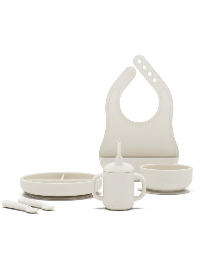 Lalo First Bites Silicone Baby Feeding Set - Baby Led Weaning Supplies - Non-Toxic Silicone - Includes 1 Bib, 2 Spoons, Training Cup, Suction Plate and Bowl - 6 Pieces - Oatmeal - Image 1