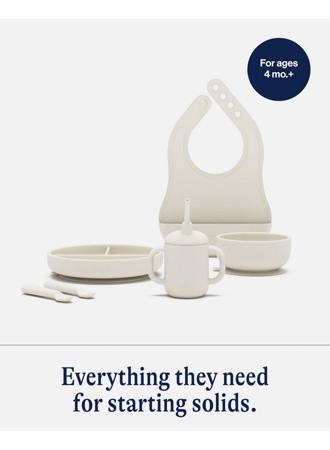 Lalo First Bites Silicone Baby Feeding Set - Baby Led Weaning Supplies - Non-Toxic Silicone - Includes 1 Bib, 2 Spoons, Training Cup, Suction Plate and Bowl - 6 Pieces - Oatmeal - Image 3