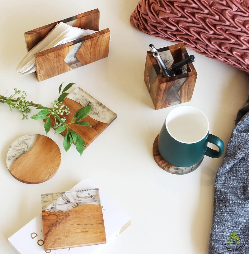 Monstera Hut Square Shape Wooden Resin Coaster Brown Coaster for Tea Coffee Table Dining Table Set of 6 - Image 1