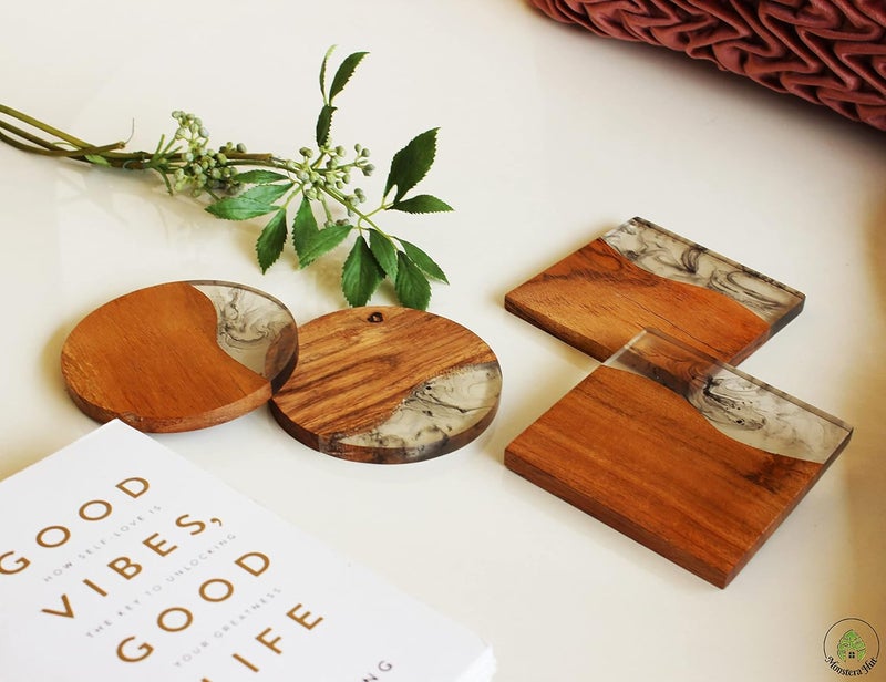 Monstera Hut Square Shape Wooden Resin Coaster Brown Coaster for Tea Coffee Table Dining Table Set of 6 - Image 2