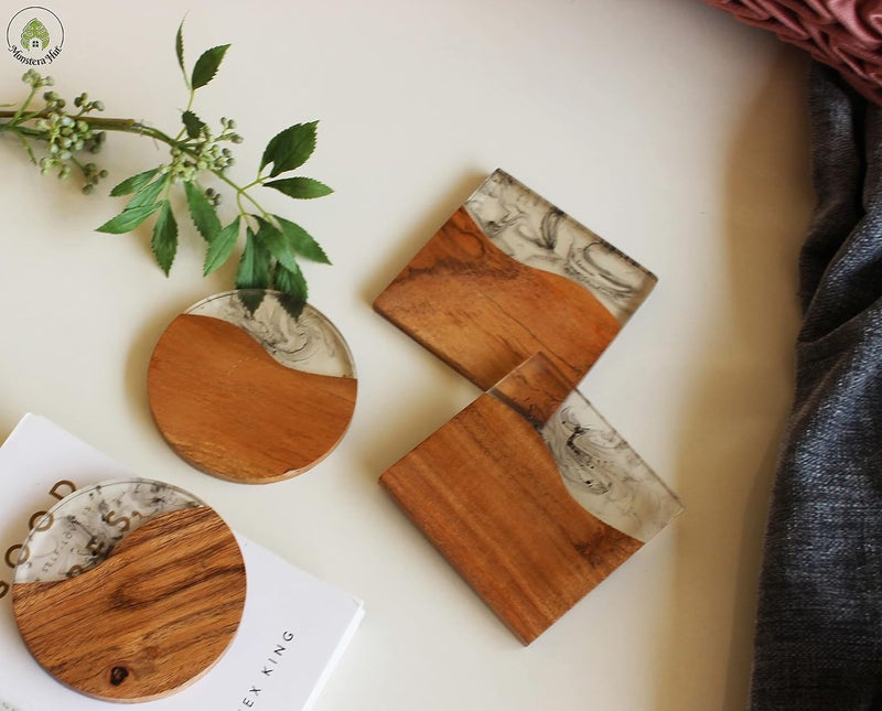 Monstera Hut Square Shape Wooden Resin Coaster Brown Coaster for Tea Coffee Table Dining Table Set of 6 - Image 5