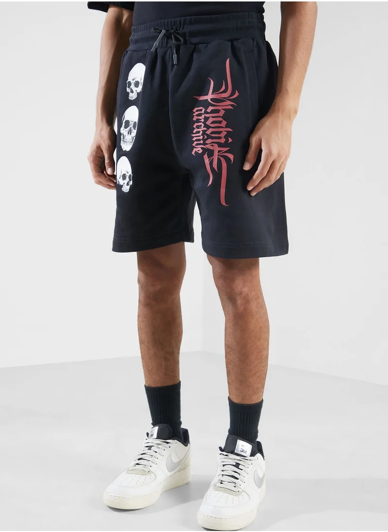 phobia Triple Skull Printed Casual Shorts