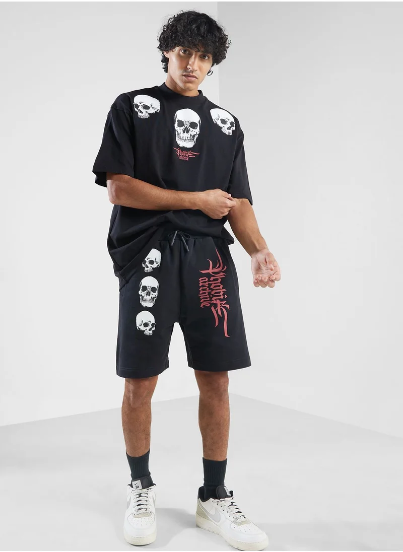 phobia Triple Skull Printed Casual Shorts