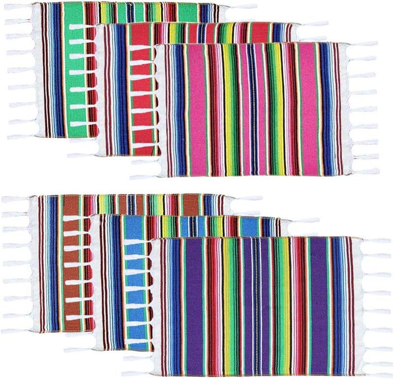 Fowecelt Mexican Serape Placemats for Mexican Party Wedding Decor Outdoor Dining Kitchen Table Fringe Cotton Handwoven Table Place Mats 19  13 Inch Set of 6 MultiColor - Image 1