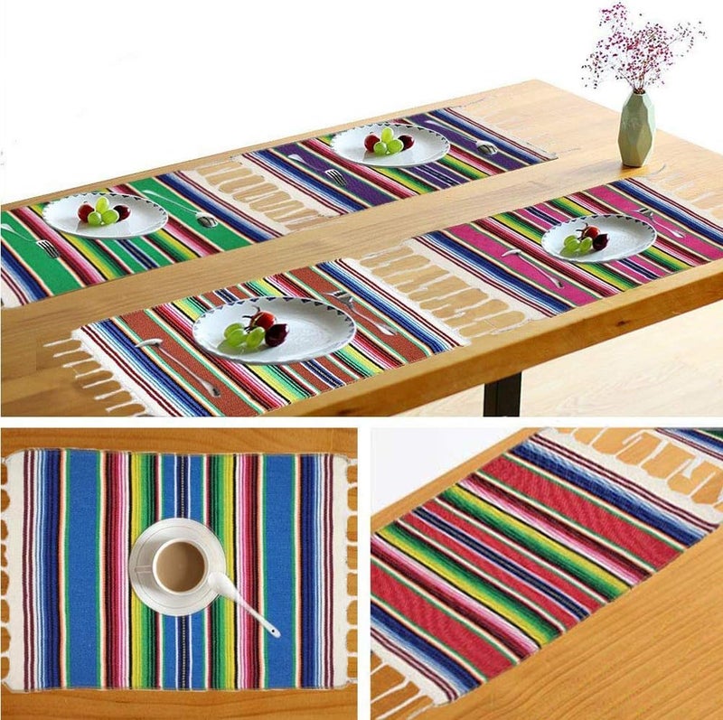 Fowecelt Mexican Serape Placemats for Mexican Party Wedding Decor Outdoor Dining Kitchen Table Fringe Cotton Handwoven Table Place Mats 19  13 Inch Set of 6 MultiColor - Image 3