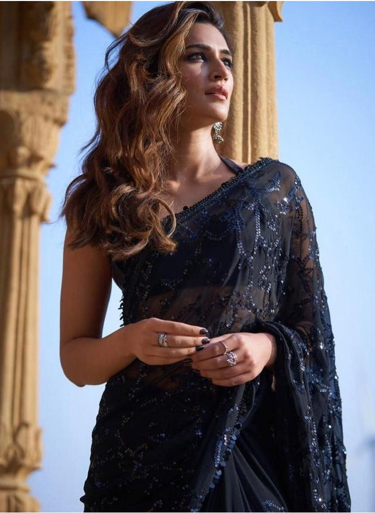 KAIVAL FASHION - Designer Sequence Party Wear Bollywood Kriti Sanon Black Saree With Unstitched Blouse Piece - Image 1