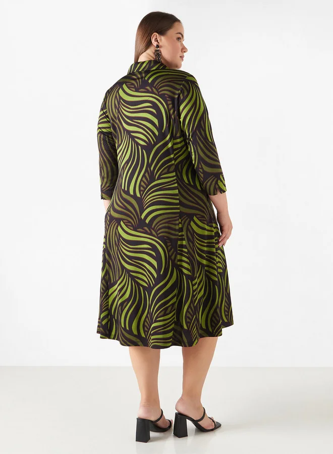 Ulla Popken Plus Size Ulla Popken Printed Midi Dress with Pockets