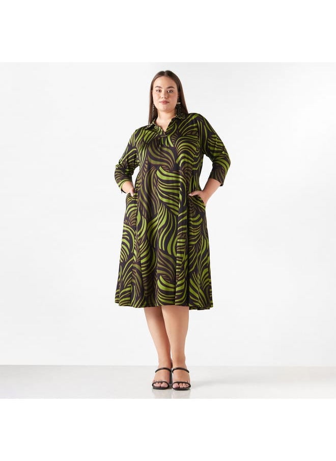 Ulla Popken Plus Size Ulla Popken Printed Midi Dress with Pockets  - Image 1