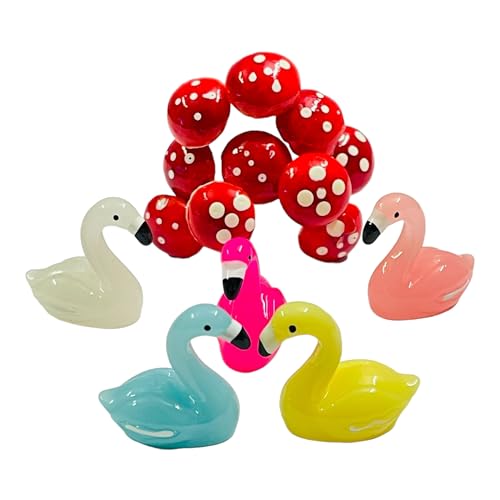 Krisah Resin Miniature Garden Decoration Items 10Pcs Mushroom Stakes With 5pcs Flamingo Ducks (Multicolor) - Image 1
