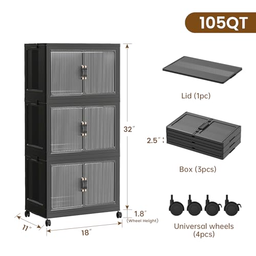 SAILUN 26Gal/105Qt Stackable Storage Bins Folding Collapsible Storage Bins with Lid, Closet Organizers and Storage Box with Door Black 18" W x 11" D x 32" H - Image 2