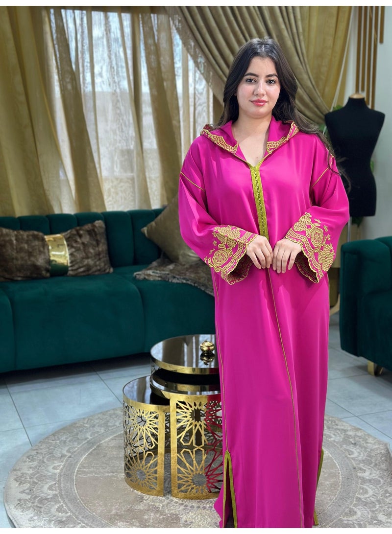 Al Merrakchiya Women’s Djellaba – Long Moroccan Kaftan | Traditional Kabylen Style Arabic Dress | Comfortable Soft Crepe Fabric | Long Sleeve Jalabiya For Womens  -Indian Pink-DD2 - Image 2