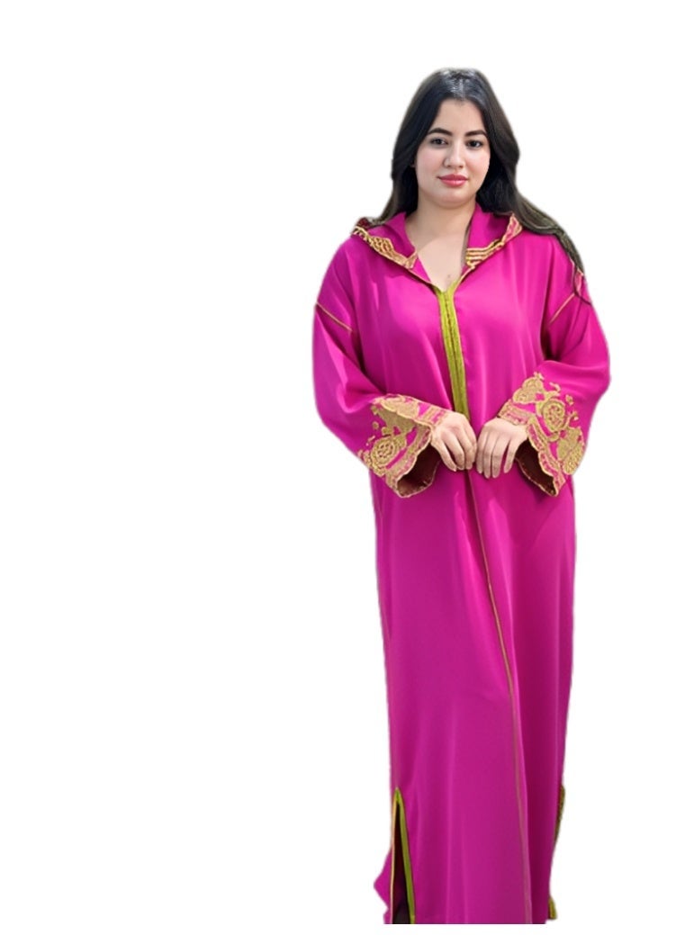 Al Merrakchiya Women’s Djellaba – Long Moroccan Kaftan | Traditional Kabylen Style Arabic Dress | Comfortable Soft Crepe Fabric | Long Sleeve Jalabiya For Womens  -Indian Pink-DD2 - Image 1
