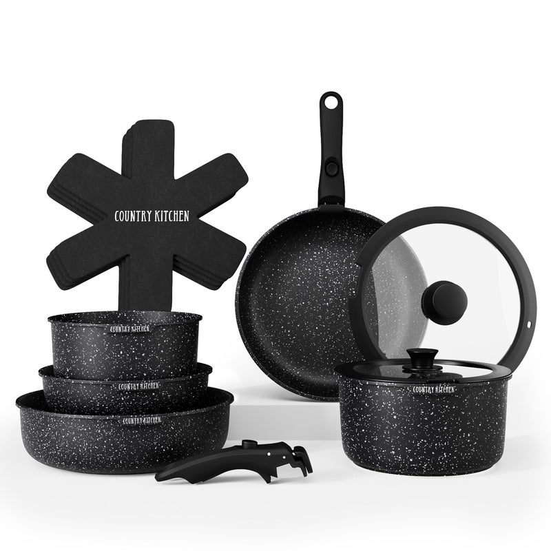Country Kitchen طقم أواني مطبخ ريفي بمقبض قابل للإزالة، أواني وصواني آمنة للاستخدام في الفرن والمركبات، باللون الأسود، أصلي - Image 1