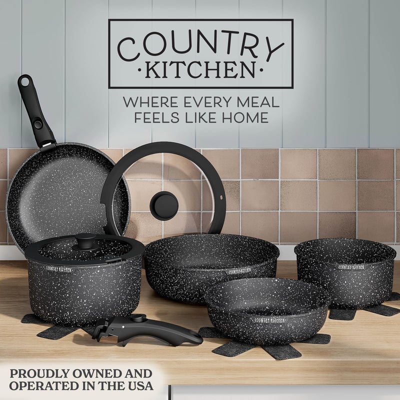 Country Kitchen طقم أواني مطبخ ريفي بمقبض قابل للإزالة، أواني وصواني آمنة للاستخدام في الفرن والمركبات، باللون الأسود، أصلي - Image 2