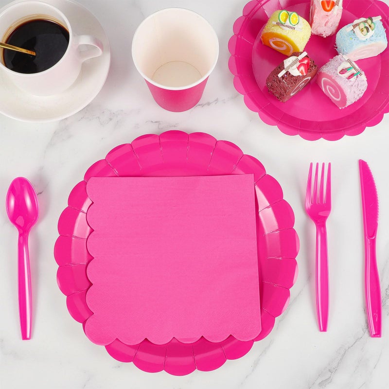 Xiangqu 350 Pcs Hot Pink Paper Plates and Napkins  50 Guest Hot Pink Party Supplies Include Scalloped Plates Napkins Cups Plastic Cutlery for Baby Shower Birthday Bridal Shower - Image 4