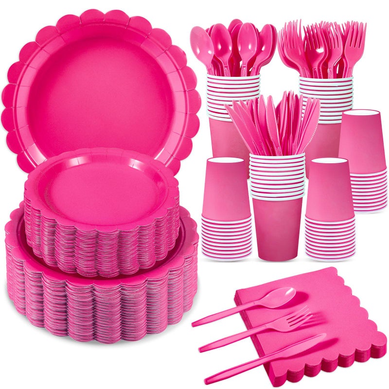 Xiangqu 350 Pcs Hot Pink Paper Plates and Napkins  50 Guest Hot Pink Party Supplies Include Scalloped Plates Napkins Cups Plastic Cutlery for Baby Shower Birthday Bridal Shower - Image 1