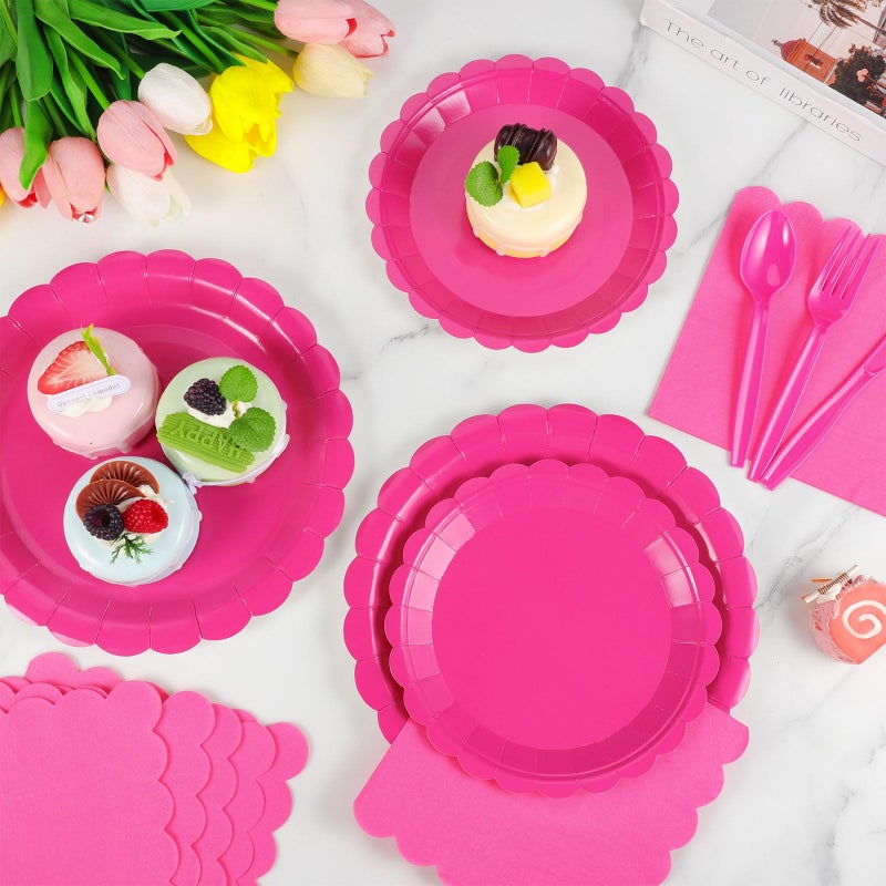 Xiangqu 350 Pcs Hot Pink Paper Plates and Napkins  50 Guest Hot Pink Party Supplies Include Scalloped Plates Napkins Cups Plastic Cutlery for Baby Shower Birthday Bridal Shower - Image 5
