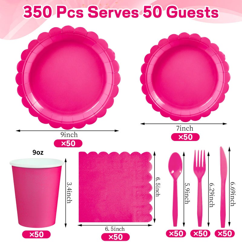 Xiangqu 350 Pcs Hot Pink Paper Plates and Napkins  50 Guest Hot Pink Party Supplies Include Scalloped Plates Napkins Cups Plastic Cutlery for Baby Shower Birthday Bridal Shower - Image 2