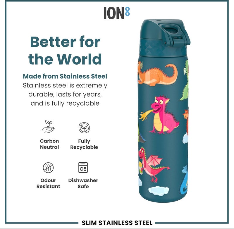 ion8 Steel Water Bottle, 600 ml, Leak-Proof, One-Handed Opening, Secure Locking, Dishwasher Safe, Flip Lid, Carry Handle, Easy to Clean, Durable, Dragon Design - Image 4