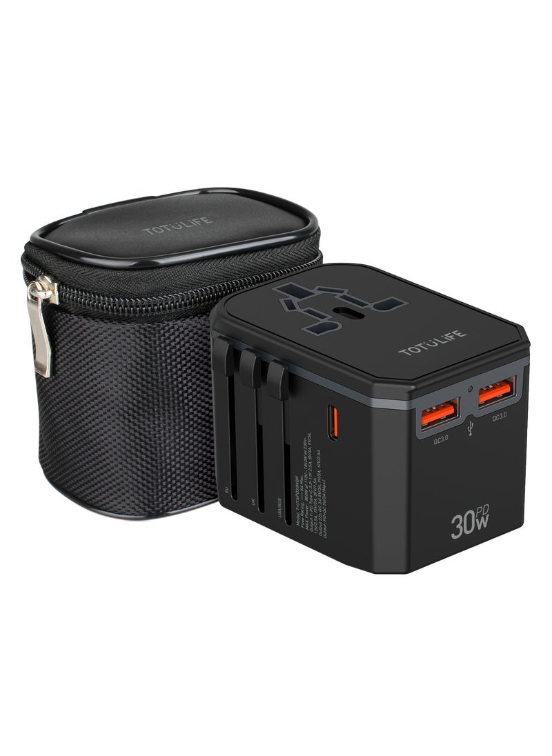 Totulife Universal Travel Adapter – PD 30W Type-C & QC3.0 Fast Charging – Worldwide Plug (UK/US/EU/AUS) - Compact Design with Carry Case  - Image 1