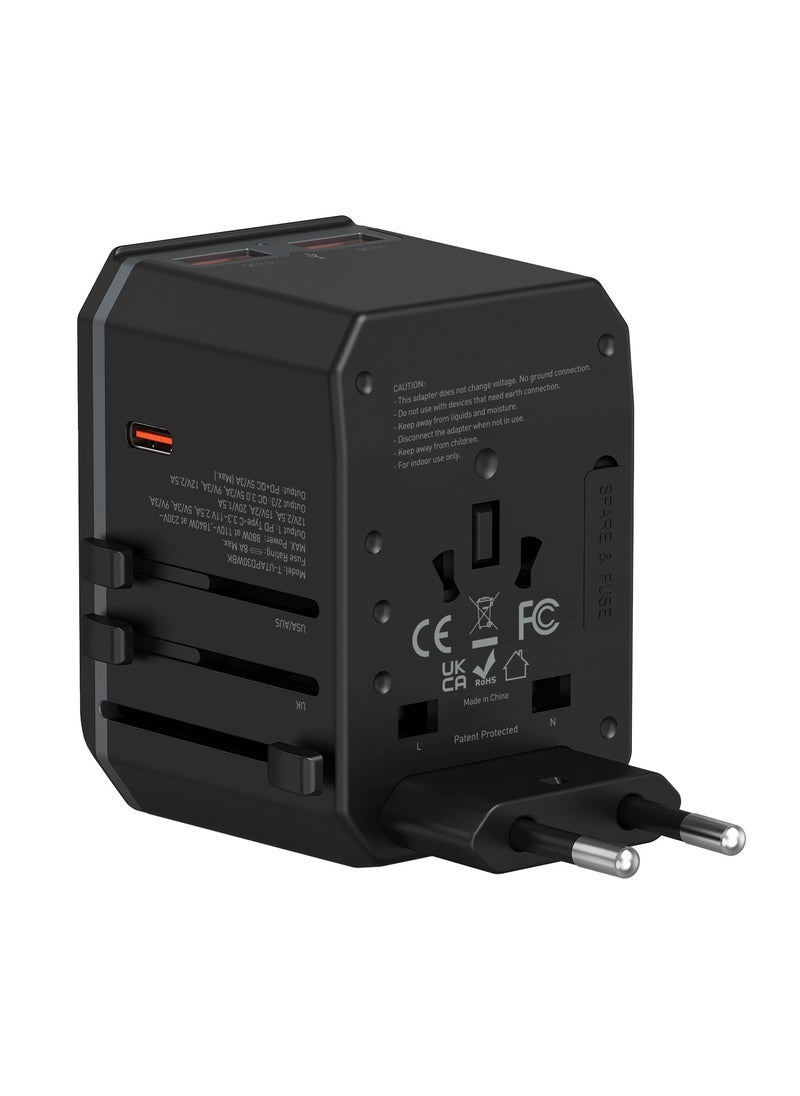 Totulife Universal Travel Adapter – PD 30W Type-C & QC3.0 Fast Charging – Worldwide Plug (UK/US/EU/AUS) - Compact Design with Carry Case  - Image 2