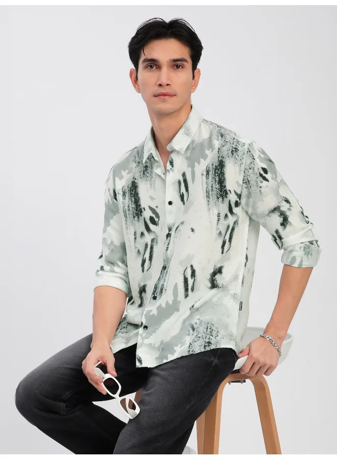Beyoung White Abstract Brush Stroke Printed Shirt