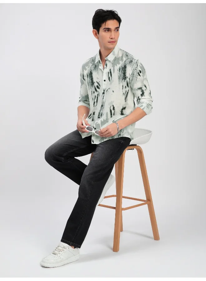 Beyoung White Abstract Brush Stroke Printed Shirt