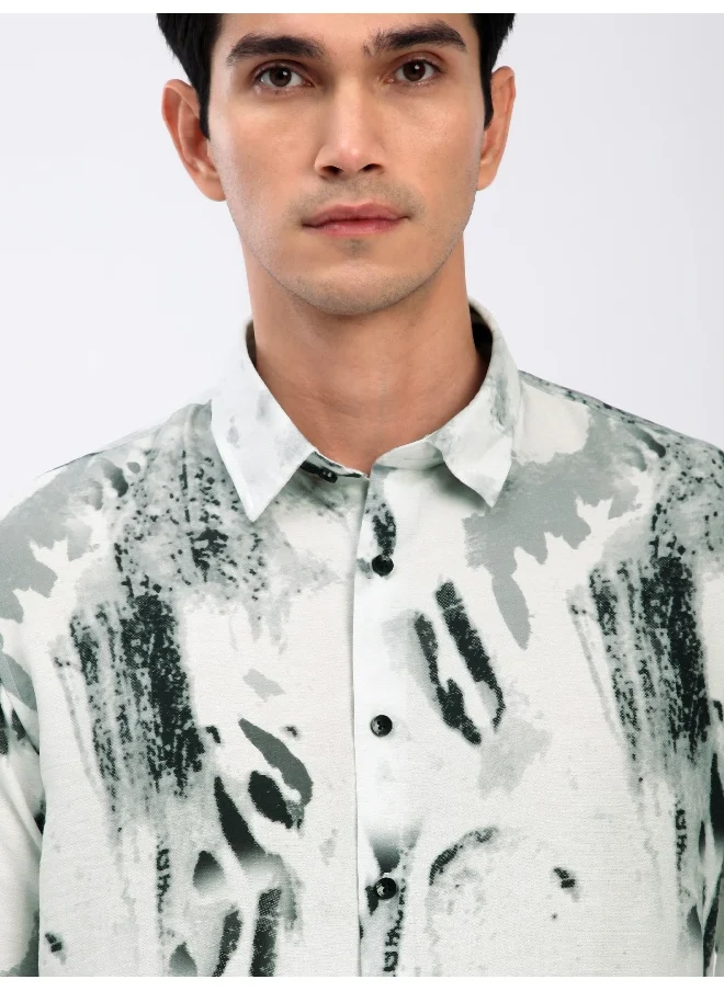 Beyoung White Abstract Brush Stroke Printed Shirt