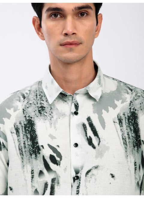 White Abstract Brush Stroke Printed Shirt