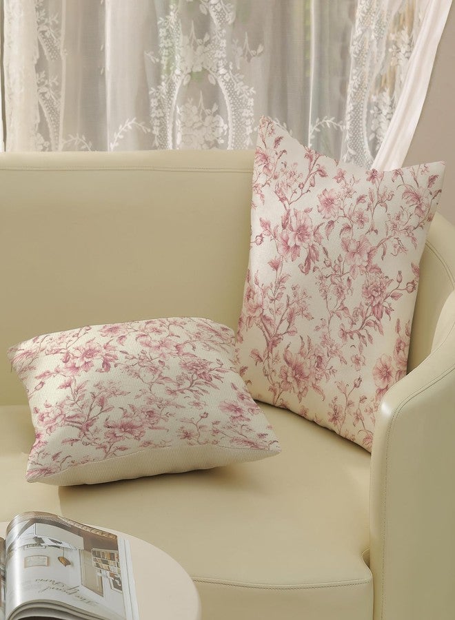 GOLIANDA Pink Pillow Covers 18x18 Set of 2 Pink and Cream Floral Chinoiserie Throw Pillows Vintage Rustic Toile Flower Decorative Pillowcase Outdoor Chinoiserie Decor Linen Cushion Case for Couch Sofa - Image 4