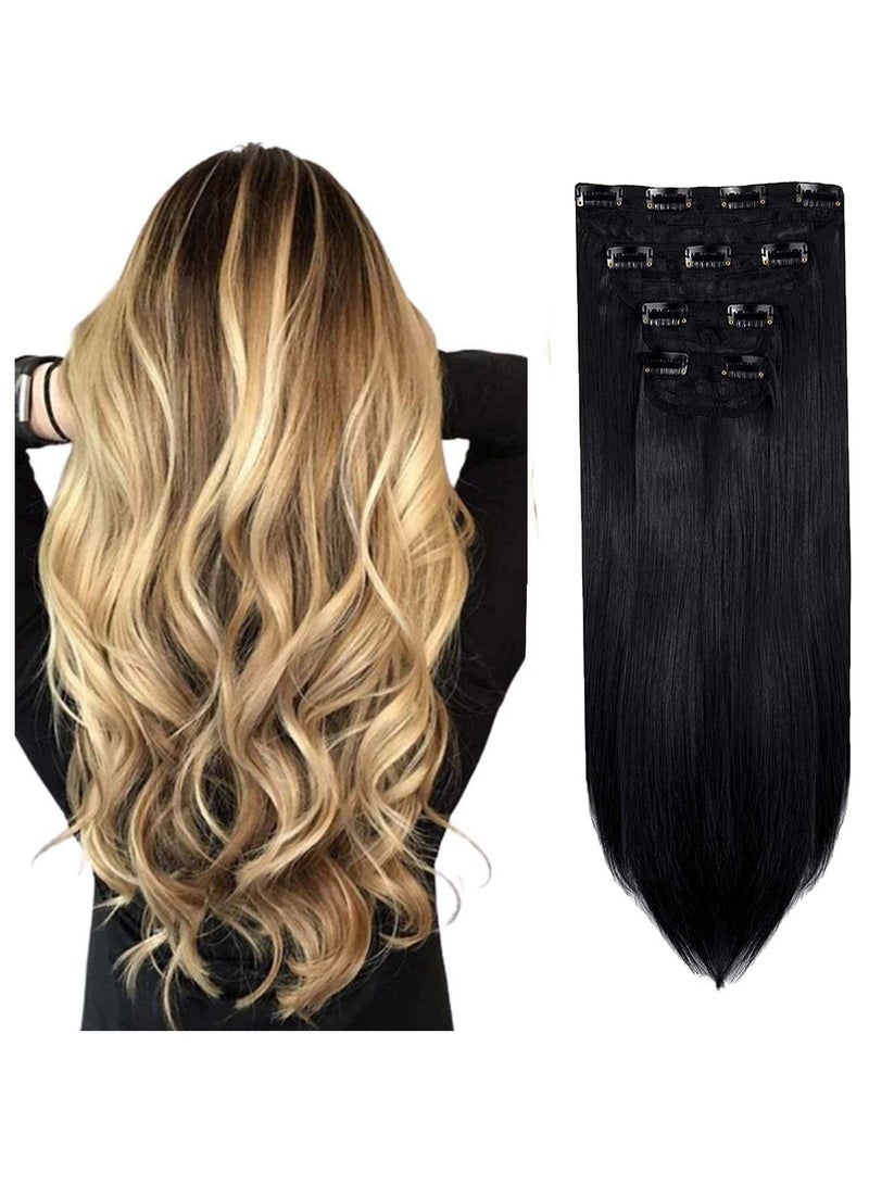 إستيل وصلات شعر من 4 قطع 11 مشابك شعر مستقيمة سميكة كاملة الرأس مزدوجة اللحمة على وصلات إطالة الشعر الاصطناعية للنساء أسود داكن مستقيم - Image 1