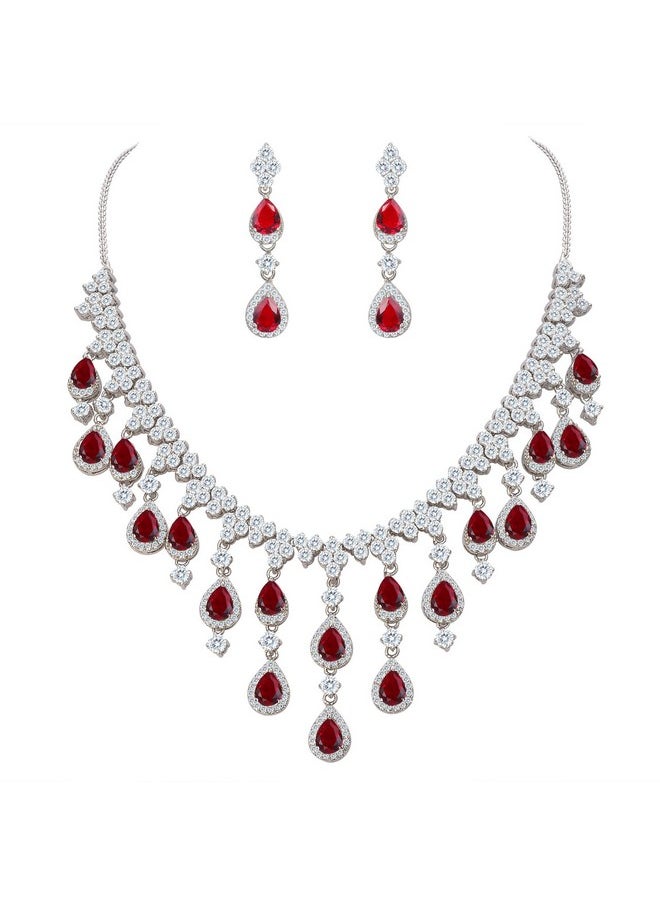 EVER FAITH Women'S Cubic Zirconia Gorgeous Water Drop Dangle Necklace Earrings Set Red Silvertone  - Image 1