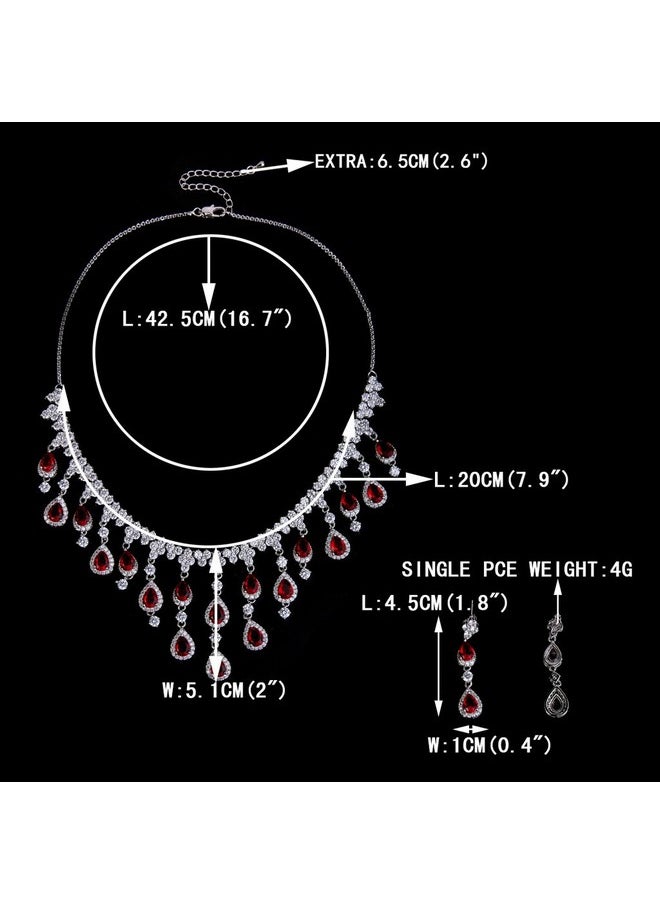 EVER FAITH Women'S Cubic Zirconia Gorgeous Water Drop Dangle Necklace Earrings Set Red Silvertone  - Image 4