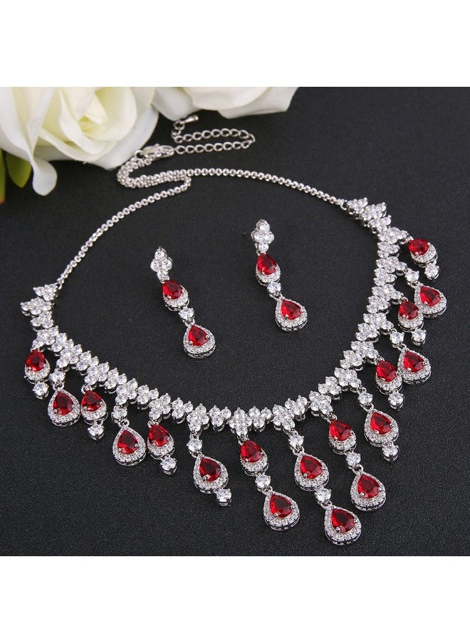 EVER FAITH Women'S Cubic Zirconia Gorgeous Water Drop Dangle Necklace Earrings Set Red Silvertone  - Image 3