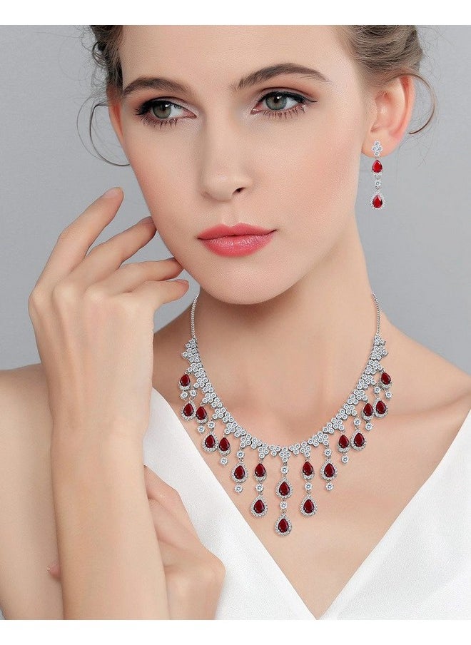 EVER FAITH Women'S Cubic Zirconia Gorgeous Water Drop Dangle Necklace Earrings Set Red Silvertone  - Image 2