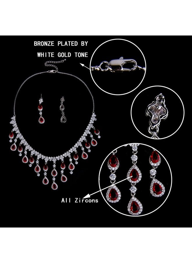 EVER FAITH Women'S Cubic Zirconia Gorgeous Water Drop Dangle Necklace Earrings Set Red Silvertone  - Image 5