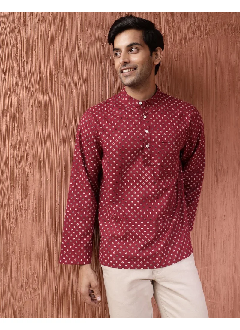 Fabindia Maroon Cotton Printed Mid Placket Shirt