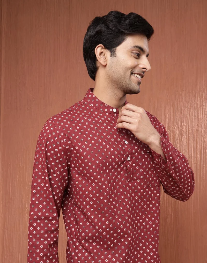 Fabindia  Maroon Cotton Printed Mid Placket Shirt for Men | Best Price UAE