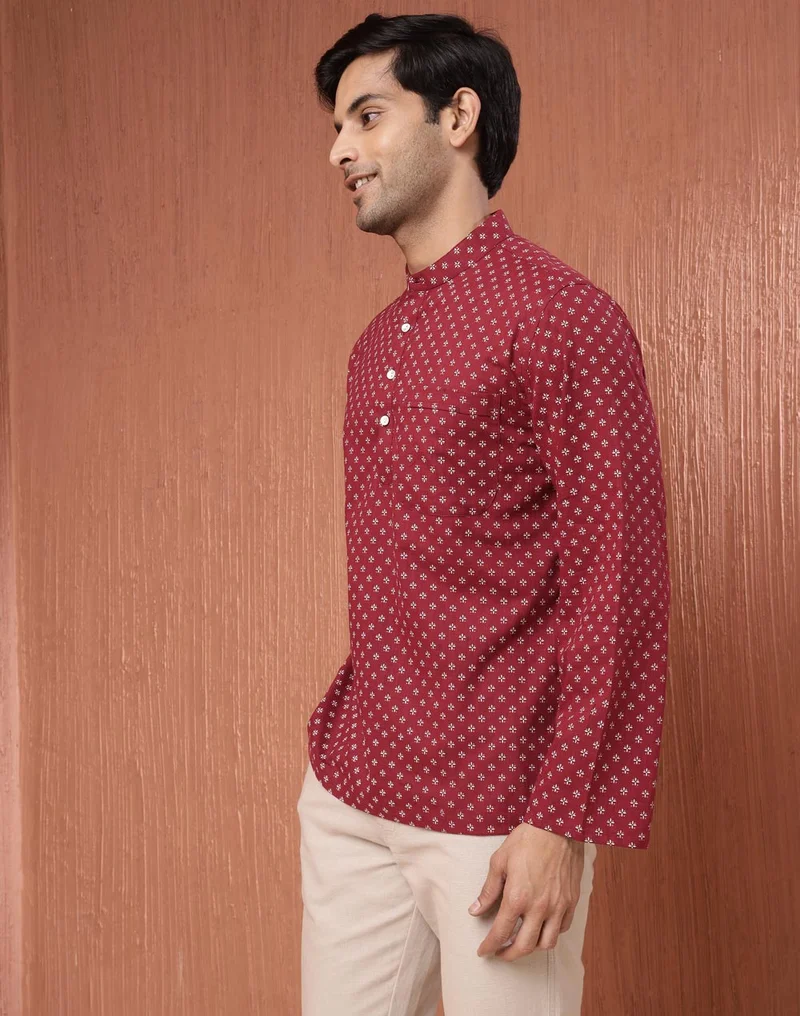 Fabindia  Maroon Cotton Printed Mid Placket Shirt for Men | Best Price UAE