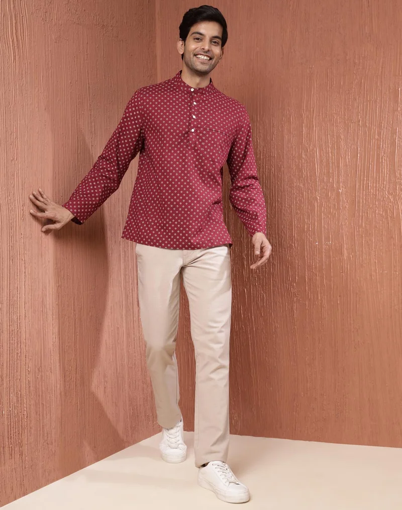 Fabindia  Maroon Cotton Printed Mid Placket Shirt for Men | Best Price UAE