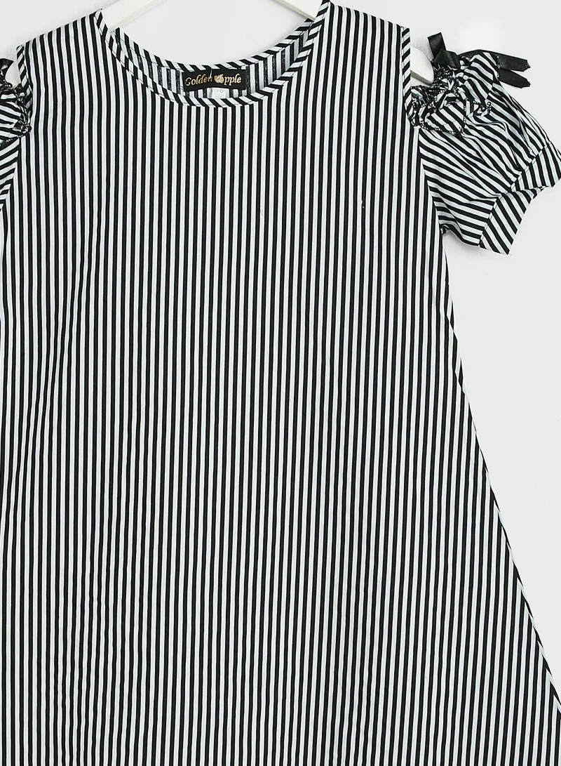 Little Golden Apple Striped Cold Shoulder Dress