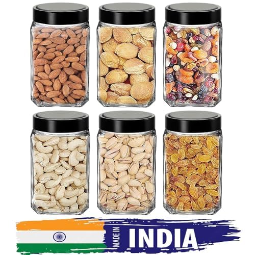 Vency Glass Cubical Square 1Liter Transparent Glass Jars & Containers for Kitchen Pantry, Snacks, Masala, Pickles, Cookies, Dry Fruits, Coffee Storage 1000ml with Black Plastic Lid (1000ml, Set Of 6) - Image 1