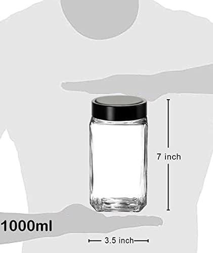 Vency Glass Cubical Square 1Liter Transparent Glass Jars & Containers for Kitchen Pantry, Snacks, Masala, Pickles, Cookies, Dry Fruits, Coffee Storage 1000ml with Black Plastic Lid (1000ml, Set Of 6) - Image 3