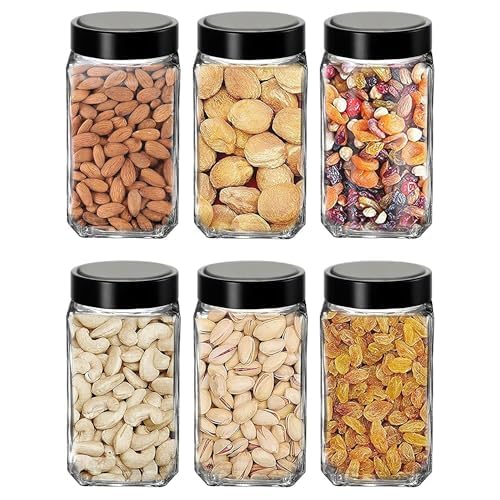 Vency Glass Cubical Square 1Liter Transparent Glass Jars & Containers for Kitchen Pantry, Snacks, Masala, Pickles, Cookies, Dry Fruits, Coffee Storage 1000ml with Black Plastic Lid (1000ml, Set Of 6) - Image 2