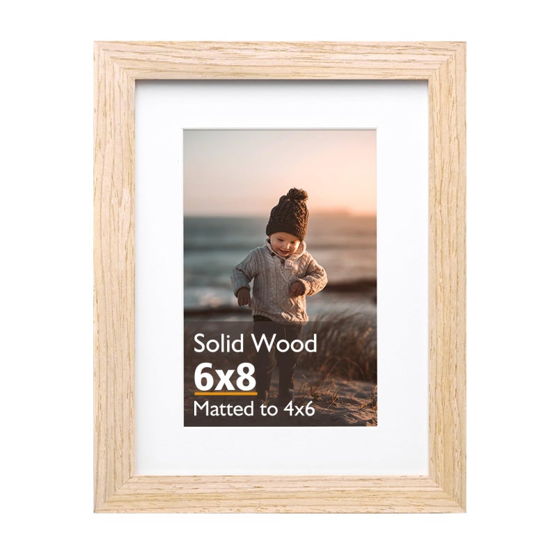 KINLINK 6x8 Picture Frame Natural Solid Wood Frame with Acrylic Plexiglass for Pictures 4x6 with Mat or 6x8 without Mat Tabletop and Wall Mounting Display Photo Frame 1 Pack