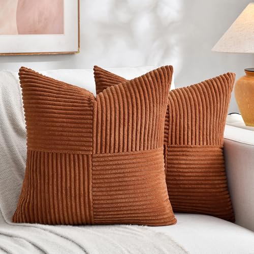Fancy Homi 2 Packs Rust Decorative Throw Pillow Covers 20x20 Inch for Living Room Couch, Rustic Farmhouse Boho Home Decor, Soft Corss Corduroy Patchwork Accent Terracotta Square Cushion Case 50x50 cm - Image 1