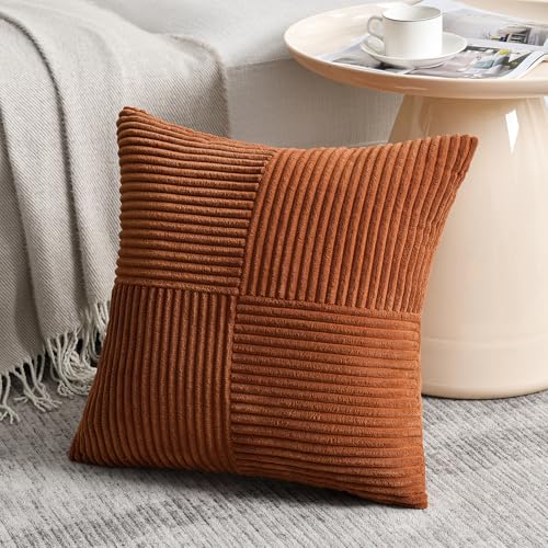 Fancy Homi 2 Packs Rust Decorative Throw Pillow Covers 20x20 Inch for Living Room Couch, Rustic Farmhouse Boho Home Decor, Soft Corss Corduroy Patchwork Accent Terracotta Square Cushion Case 50x50 cm - Image 2