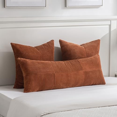 Fancy Homi 2 Packs Rust Decorative Throw Pillow Covers 20x20 Inch for Living Room Couch, Rustic Farmhouse Boho Home Decor, Soft Corss Corduroy Patchwork Accent Terracotta Square Cushion Case 50x50 cm - Image 5
