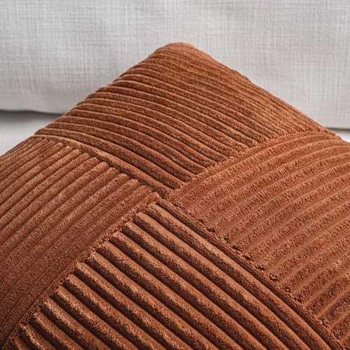 Fancy Homi 2 Packs Rust Decorative Throw Pillow Covers 20x20 Inch for Living Room Couch, Rustic Farmhouse Boho Home Decor, Soft Corss Corduroy Patchwork Accent Terracotta Square Cushion Case 50x50 cm - Image 3